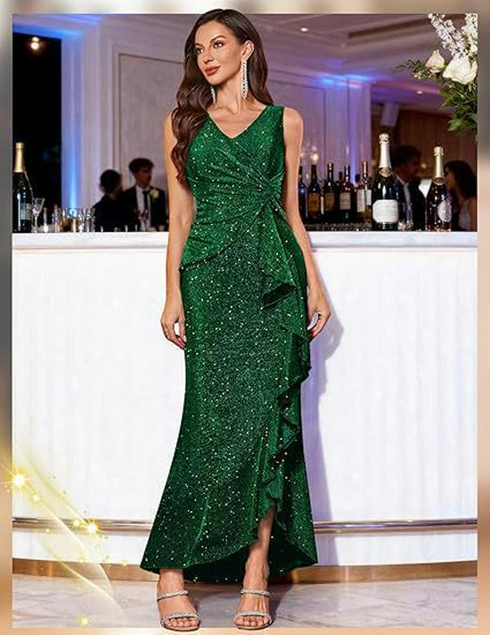 Vestido de Noche Europeo Elegante para Mujer 2025 con Lentejuelas, Cuello en V y Abertura