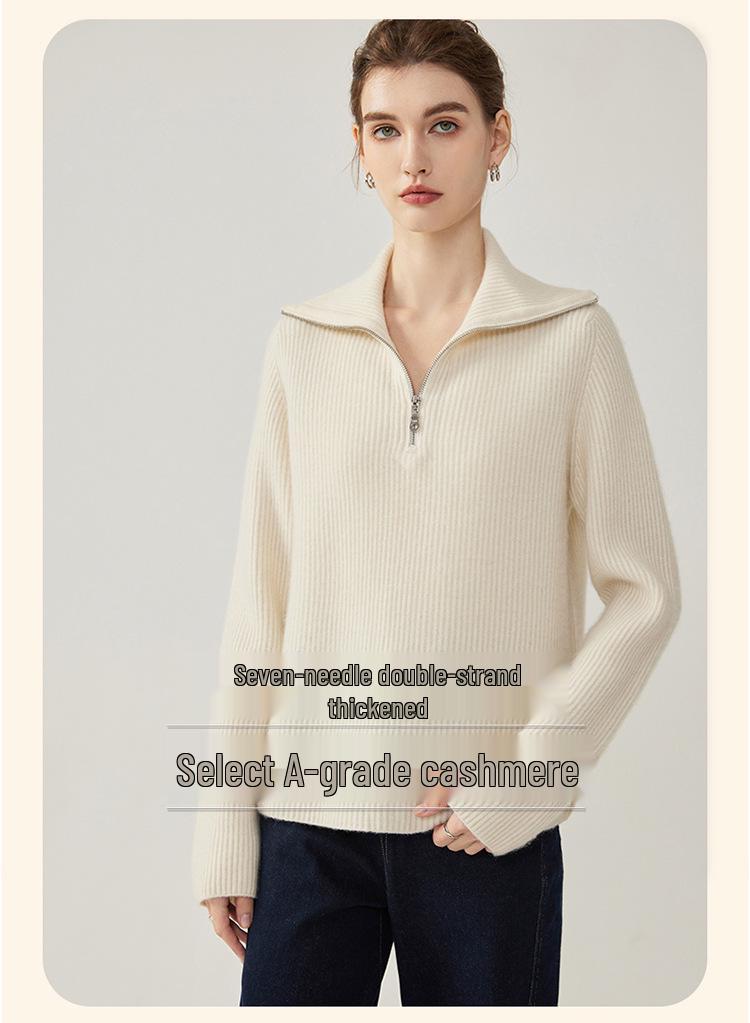 Women's 2026 Autumn/Winter Cashmere Lapel Half-Zip Knit Sweater: Elegant, Thick, Warm Base Layer