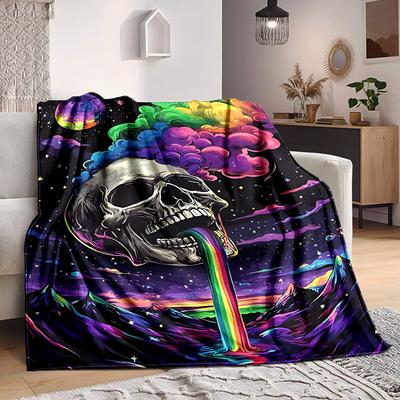 1pc Skull Rainbow Blanket, Lightweight Flannel Throw Blanket For Sofa, Bed, Travel221