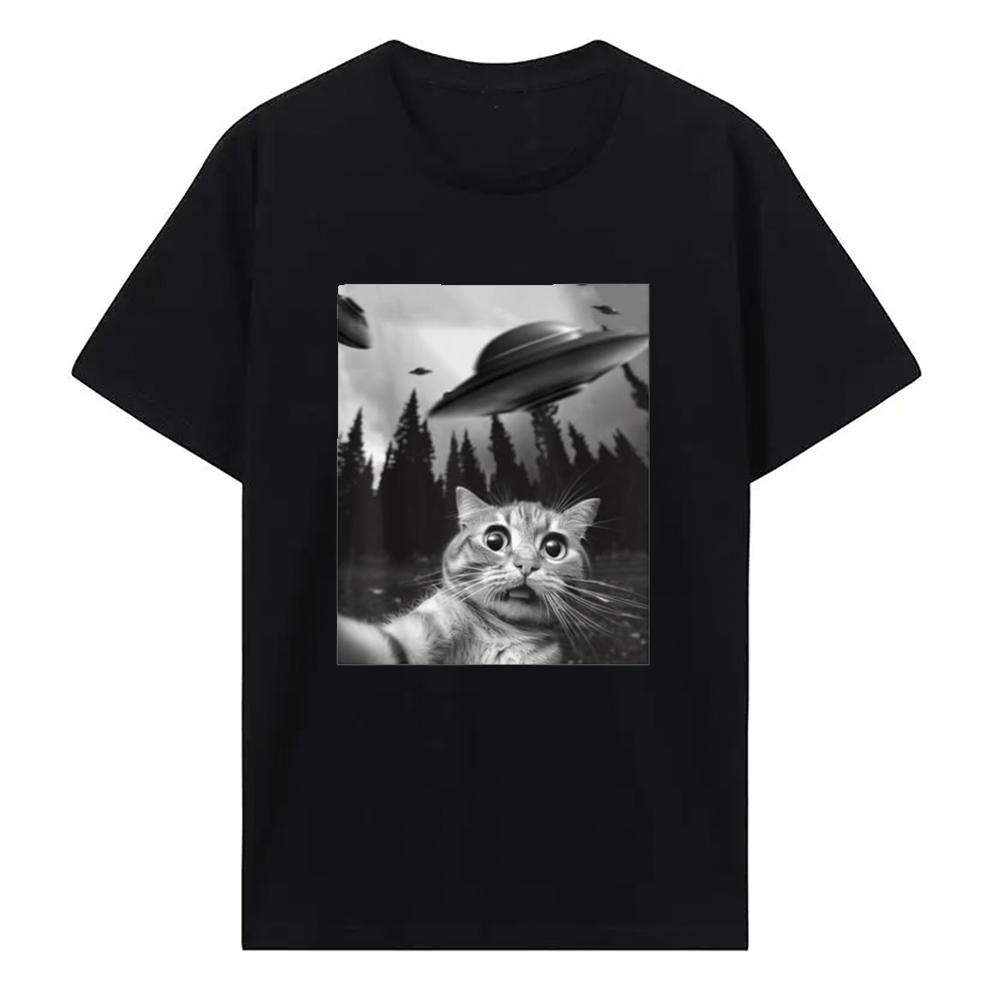 Van Gogh Starry Night Cat T-Shirt Hip Hop 100% Cotton Streetwear New Fashion Casual Tops Tees Classic Fit Cat Lover Neck 51314