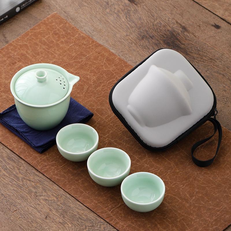 Portable Celadon Travel Teacup Tea Set Small Set Glass Outdoor One Pot Three Cups Ceramic Express Cup Brewing Teapot