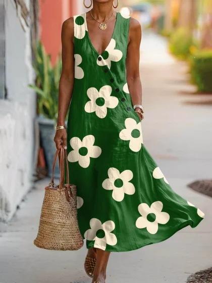 Summer V-neck Sleeveless Diagonal Button-up Vest Skirt Long Women's Vacation Casual Dress