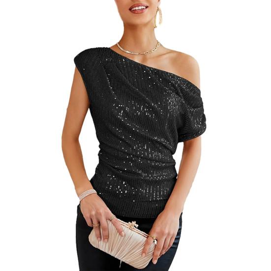 

Women Tops Slim Tailoring Short Sleeve Asymmetrical Shoulder Shining Sequined Tops Versatile Party Wear S чёрный