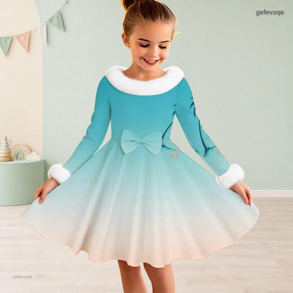 Girls High Neck White Furry Trim Long Sleeve Tropical Leaf Printed Black A Line Flared Dress