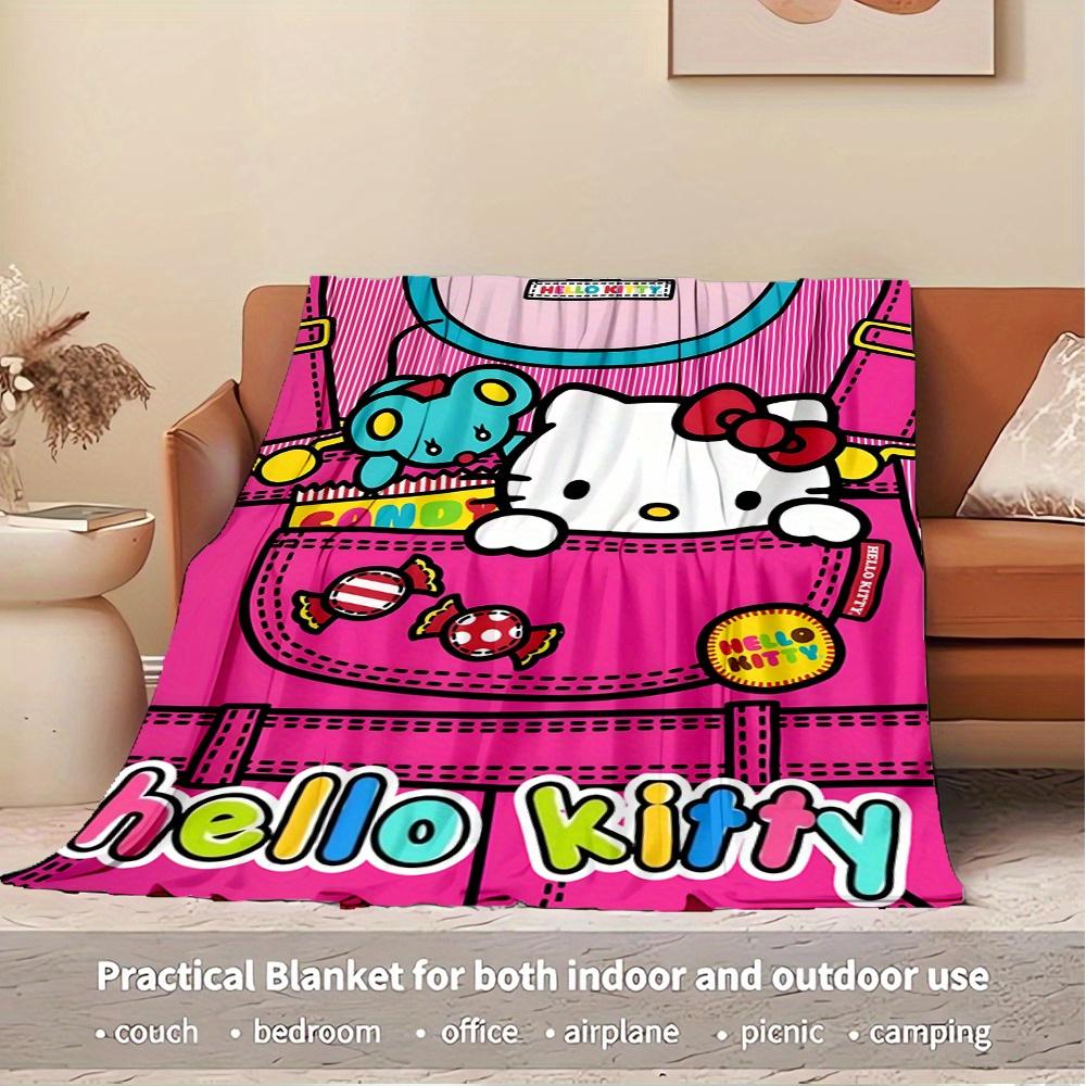 For Candy, Pocket, HelloKittyAnime-Themed Flannel Blanket, Glam Style, Digital Print, All-Season Comfort, Tear-Resistant, Knitted Craftsmans