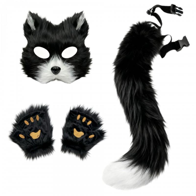 Halloween Cosplay Set Women Cute Cat Mask Plush Claw Gloves Fox Tail Accessories
