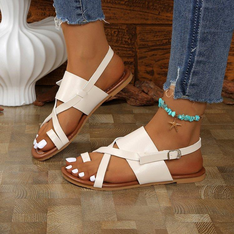 

Foreign trade flat-soled sandals women s summer round head open-toed one-word buckle strap European and American fashion large-size women s shoes 35 коричневый