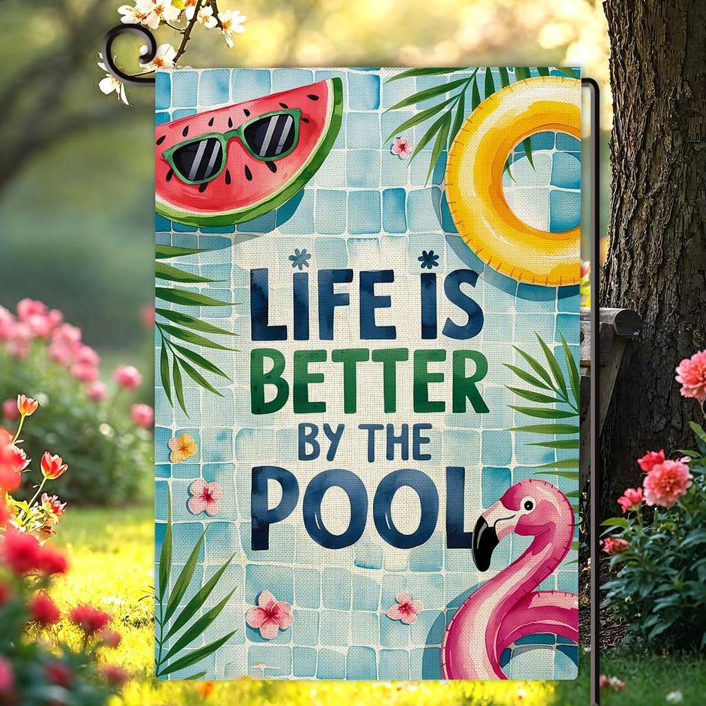 Life Is Better by the Pool Garden ag Double Sided Summer Burlap House ag Outdoor Seasonal Decorations for Poolside Yard SSL