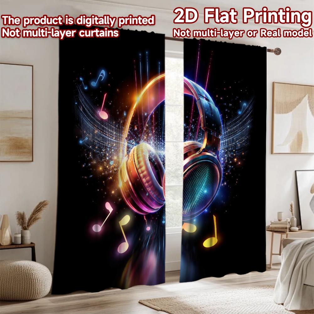 Stampa piana 2D 2 pezzi Tenda Tenda Colorate Cuffie Musicali Stampate Digitalmente Poliestere Tende Decorazione Murale Festiva per