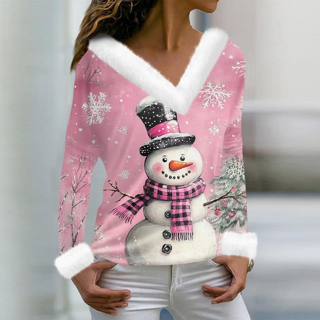 Women's T Shirt Tee Christmas Shirt Long Sleeve Party Christmas Print Fleece Collar V Neck Top