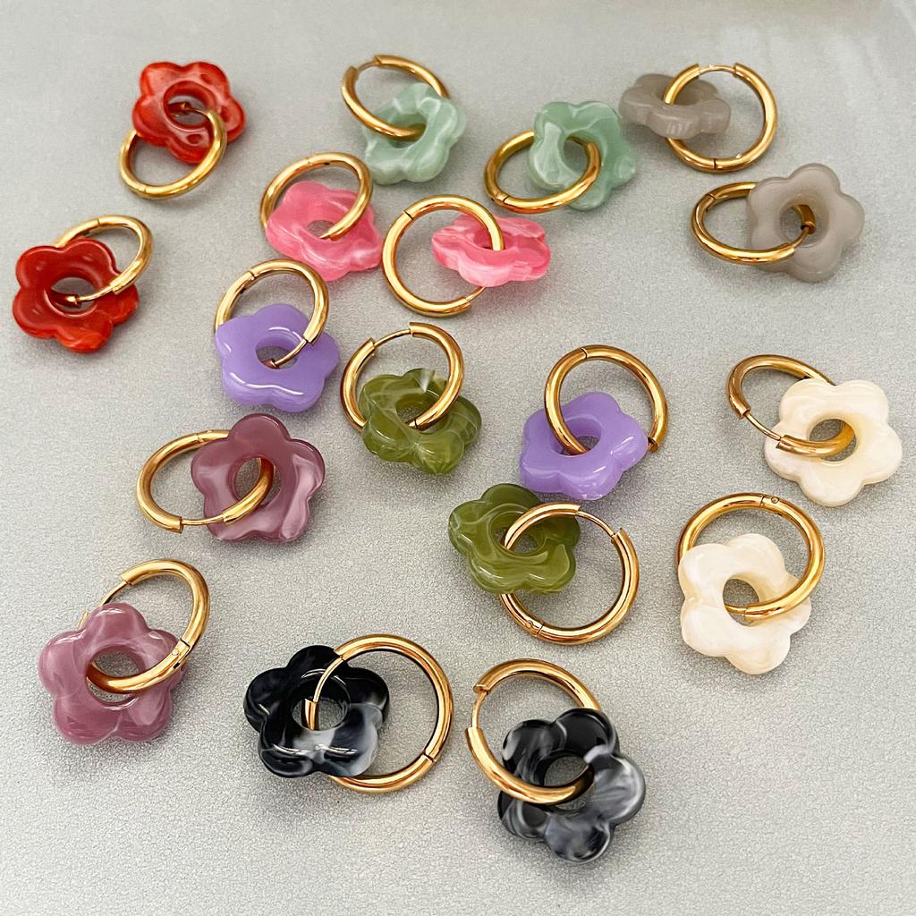 Cercei Drop cu Rășină cu Flori Cerc Rotund Oțel Inoxidabil Cataramă Ureche Cercei Hoop pentru Femei Cadou Bijuterii