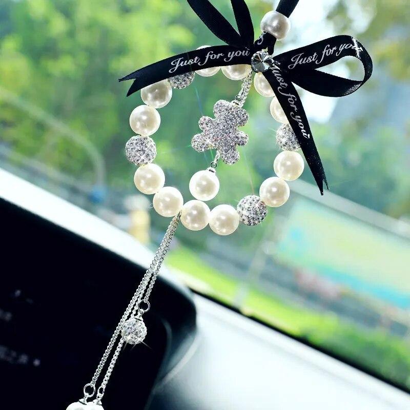 Diamond Pearl Car Pendant Cute Cartoon Heart Star Tassels Rearview Mirror Ornaments Rhinestone Woman Car Decro Accessories