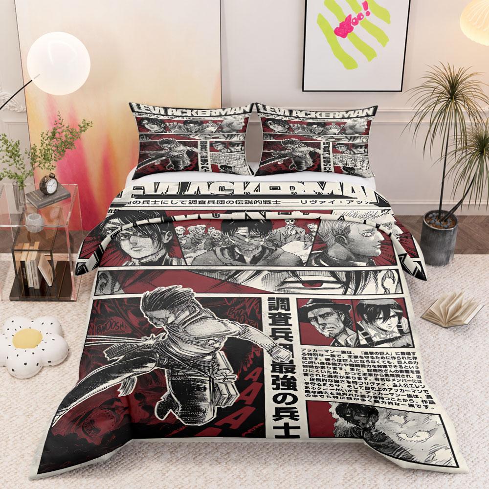 Retro Levi Ackerman Attack on Titan Manga Red Duvet Cover with Pillowcases, Cooling Duvet Cover for Warm Nights