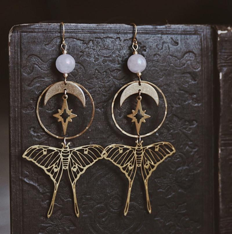 Bohemian Star & Moon Moth Rose Quartz Earrings for Women