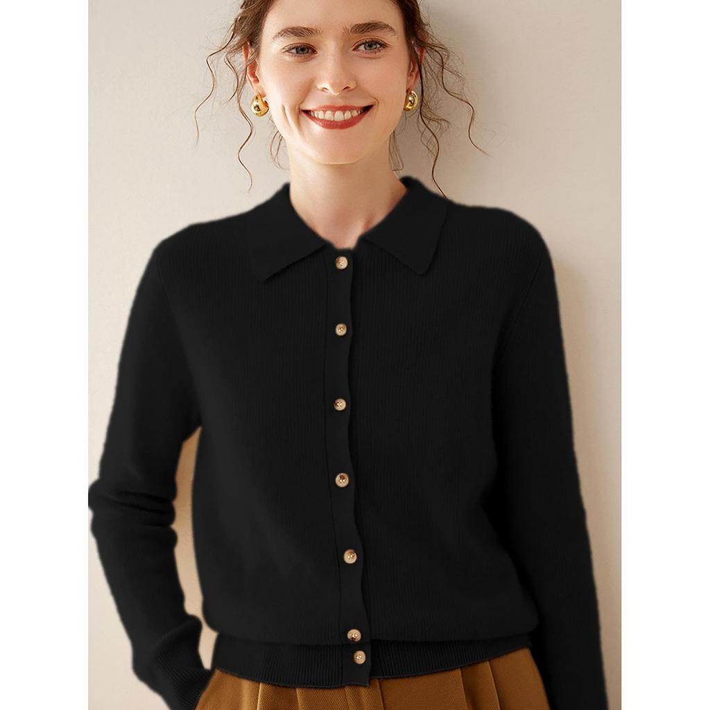 Women's Cashmere Polo Collar Knit Cardigan Sweater