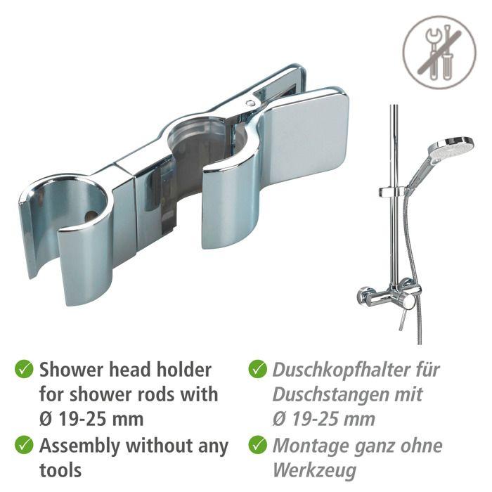 WENKO Support Pommeau De Douche Métal Chromé | Support Douchette Universelle Sans Outils | Barre Ø 19-25 Mm | Argent | 11x2,7x3 Cm