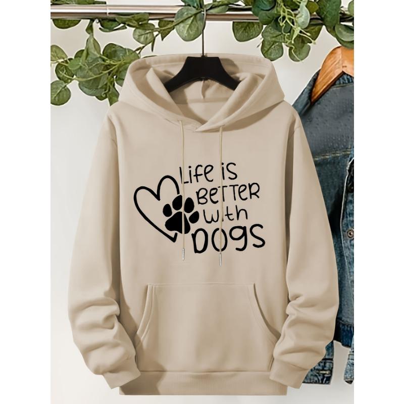 Casual "Life Is Better With Dogs" Pattern Drawstring Hooded Long Sleeve Kangaroo Pocket Sweatshirt For Fall & Winter