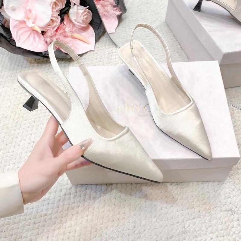 Fashion 2025 New Spring Summer Women Kitten Heels Pointed Toe Sandals Fashion Back Buckle Bling Silver Ladies Casual Med Heels Shoes