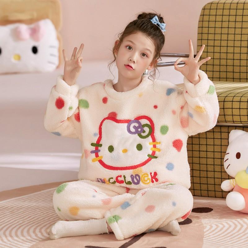 Girls Winter Coral Fleece Pajama Set Thick Warm Sleepwear Ages 8 Cartoon Animal Print Home Outfit