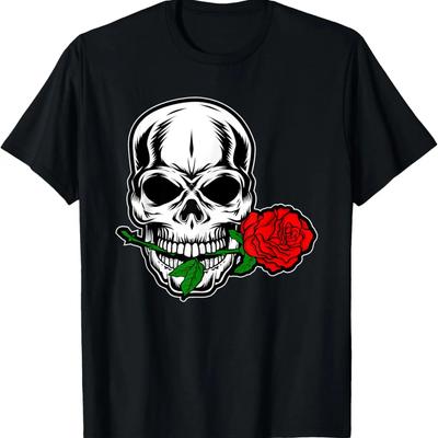 Skull with Rose In Red In Mouth T-Shirt