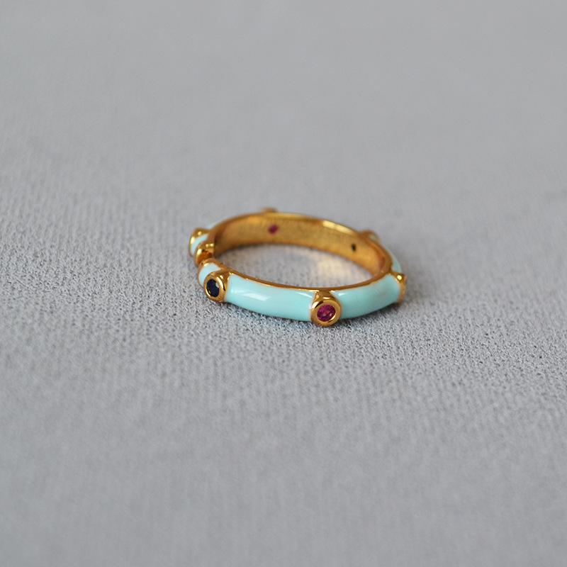 Handmade Enamel Bamboo Zircon Ring - Japanese and Korean Design, Delicate, Colorful, Stackable, Open, Simple and Exquisite