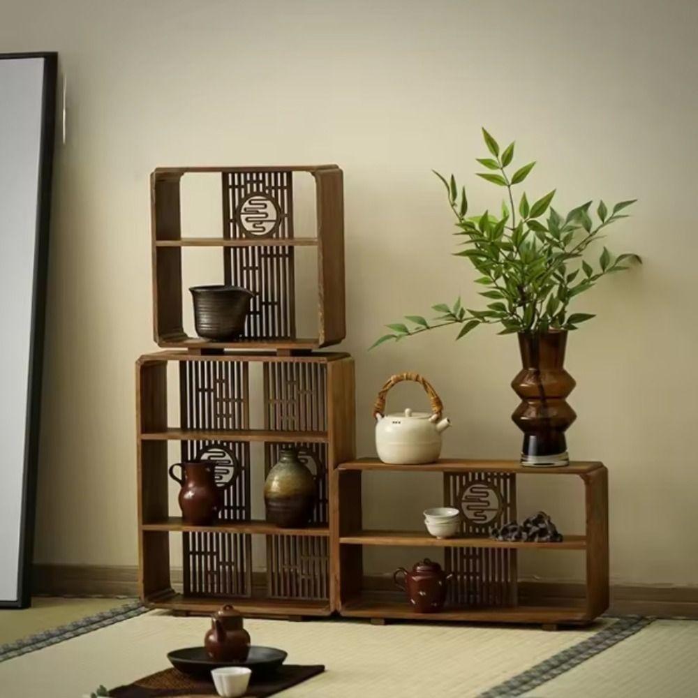 Window Lattice Chinese Walnut Display Shelf Walnut Wood Tea Organizer Living Room