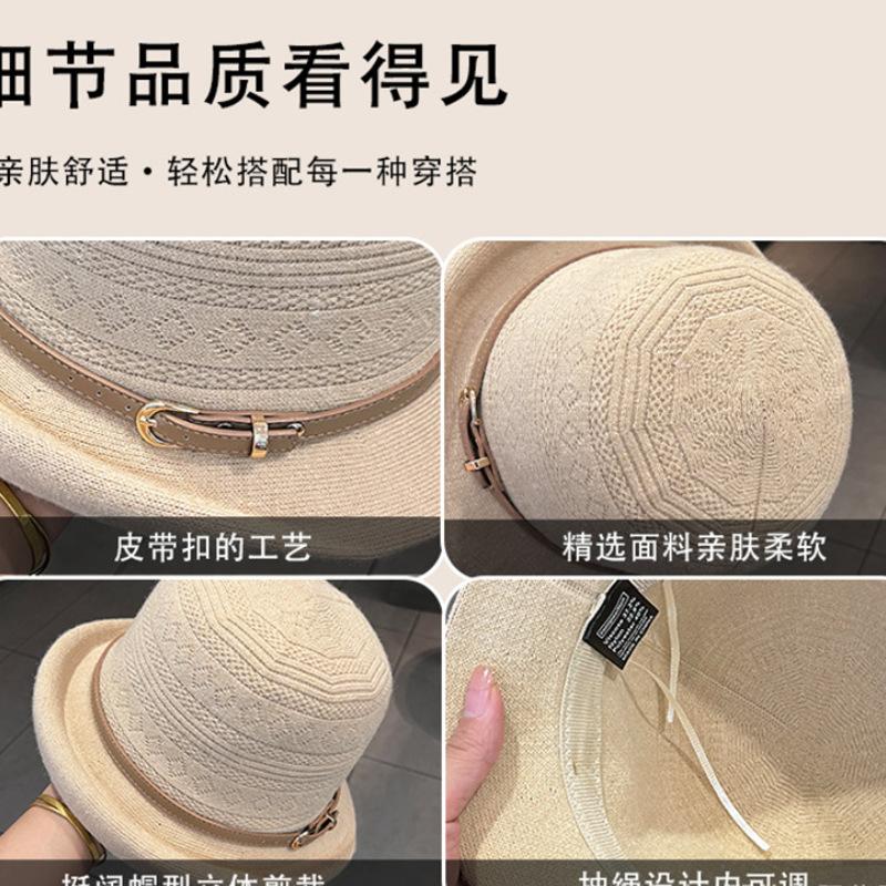 Autumn and winter new knitted basin hat women's elegant top hat upturned along the big head circumference showing the face small belt decorative bucke