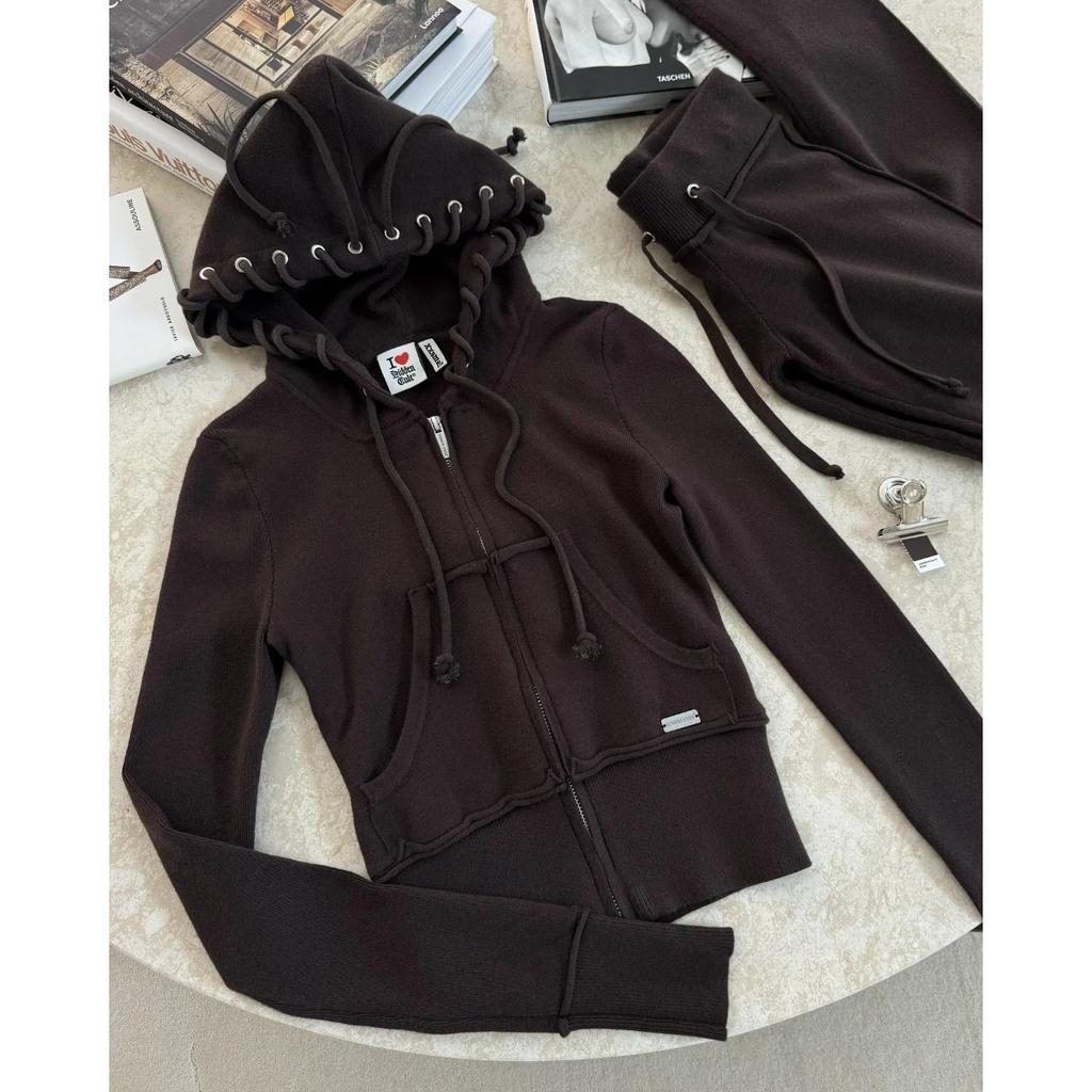 2KWEIRD Autumn Winter Casual Sports Solid Color Splicing Knit Hoodie 2 Piece Sets Woman Outfit Pantsuits