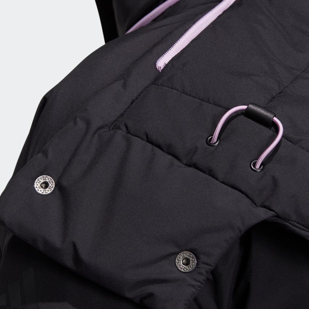 Adidas Dámská středně dlouhá péřová bunda s potiskem loga v jednobarevném provedení, vrchní oděv, černá HN2115