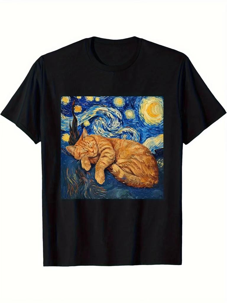Unisexs Funny Van Gogh Starry Night Cat Art T Shirt Cotton Tee Unisex Oversize Humor Vintage Top Meme Loose Short Sleeve Streetwear