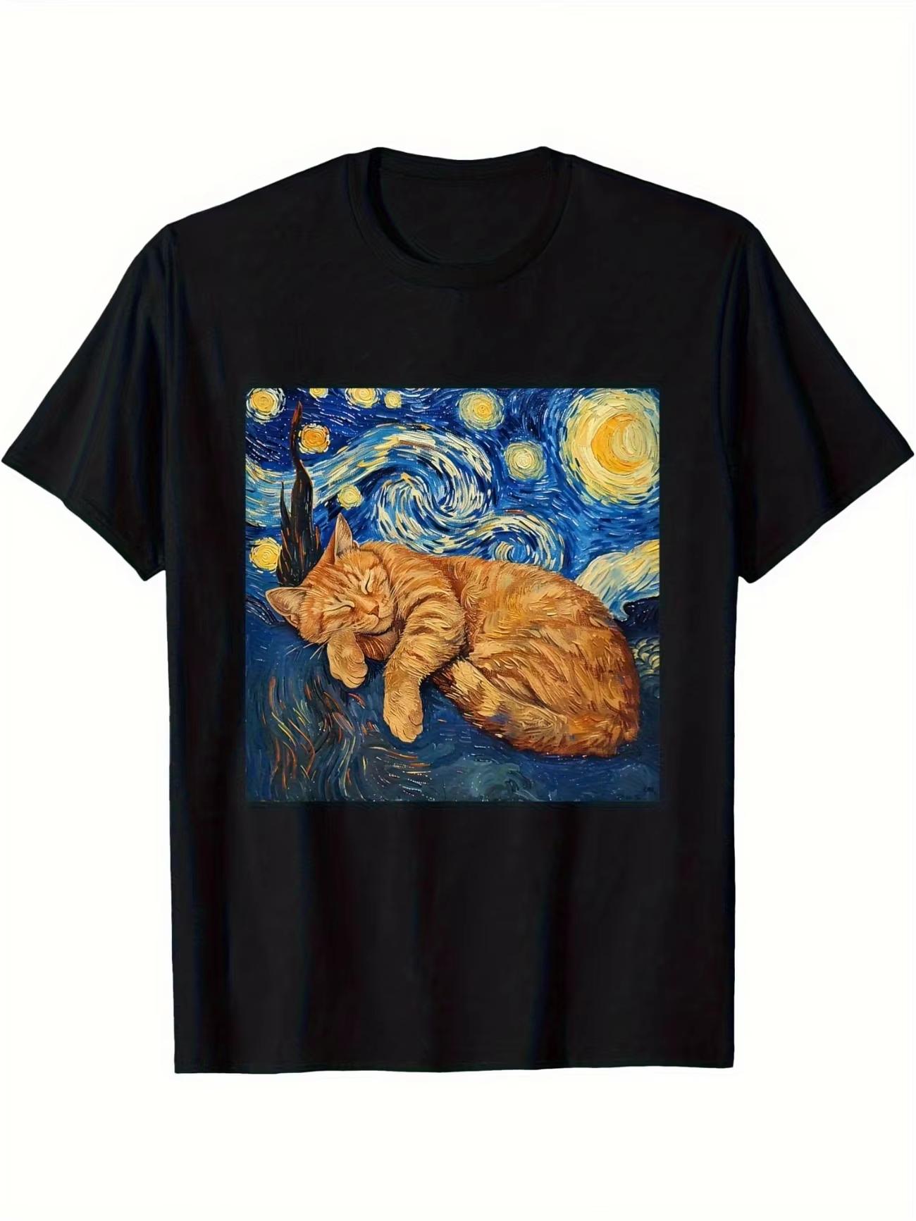 

Men s Funny Van Gogh Starry Night Cat Art T Shirt Cotton Tee Women Oversize Humor Vintage Top Meme Loose Short Sleeve Streetwear S разноцветный
