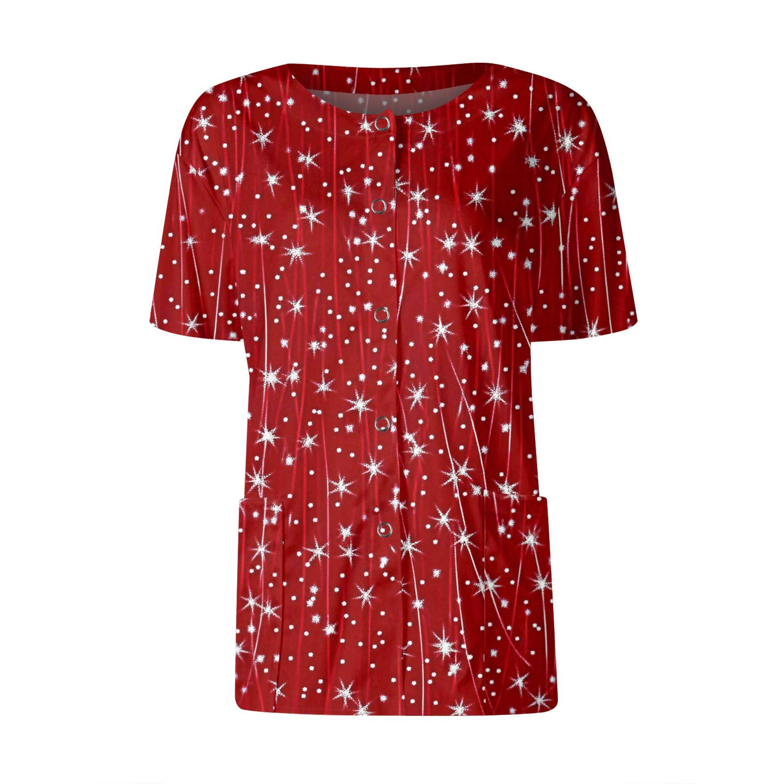 

Women s Short Sleeved Patterned Pockets, Work Print Stand Up Collar, Single Breasted Protective Clothing, Cardigan Jacket, Top XXXXL