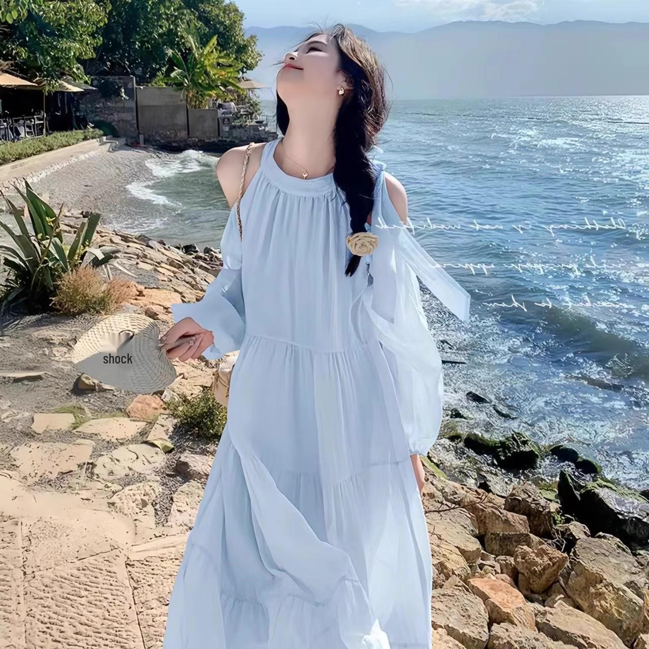 Summer 2026 Women s Seaside Off-Shoulder Dress - Elegant French Style M