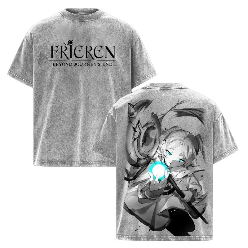 Hot Anime Frieren Beyond Journey s End Print T-shirt Men Short Sleeve Clothing Cotton Tshirt Retro Washed T Shirt Manga Tops S серый
