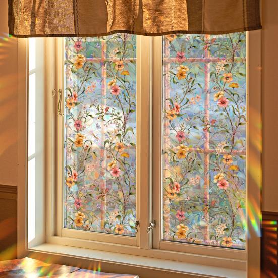 Stained Glass Window Privacy Film Colorful Floral Glass Decals Anti UV Heat Control Non Adhesive Static Clings for Home Bathroom Bedroom Office Decor