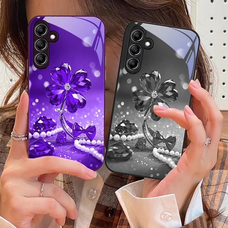 Lucky Four Leaf Flower For Samsung Galaxy A14 4G 20 30 52 20S 21S 22 A32 33 34 42 50 51 53 54 70 71 72 73 5G Glass Phone Case
