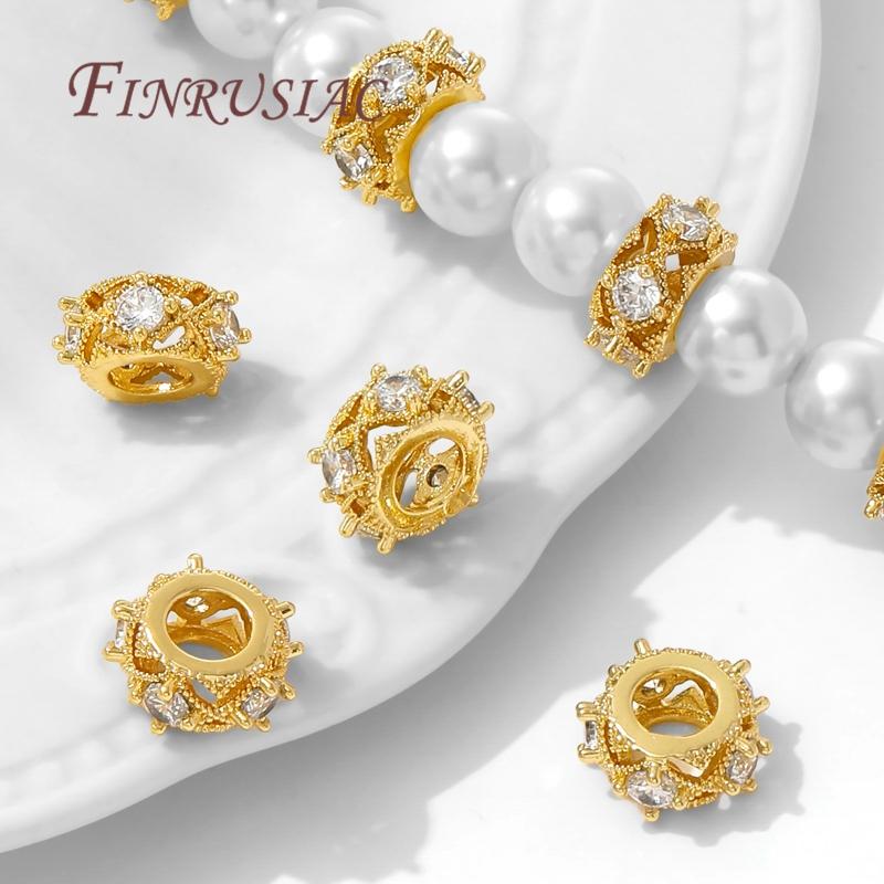 18K Gold Plated Brass with Zircon Round Spacer Beads For Jewelry Making,Bead Separators,DIY Bracelets Necklaces Accessories