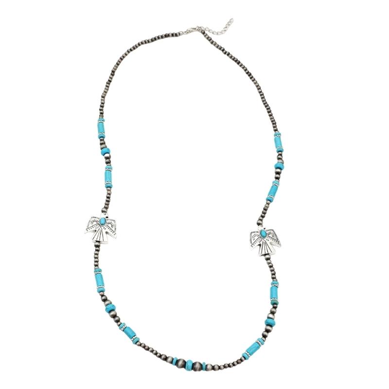 

Retro Turquoise Inlay and Navajos Pearls Beaded Necklace Colorful Bead Collarbone Chain Jewelry for Women Daily Wear 1