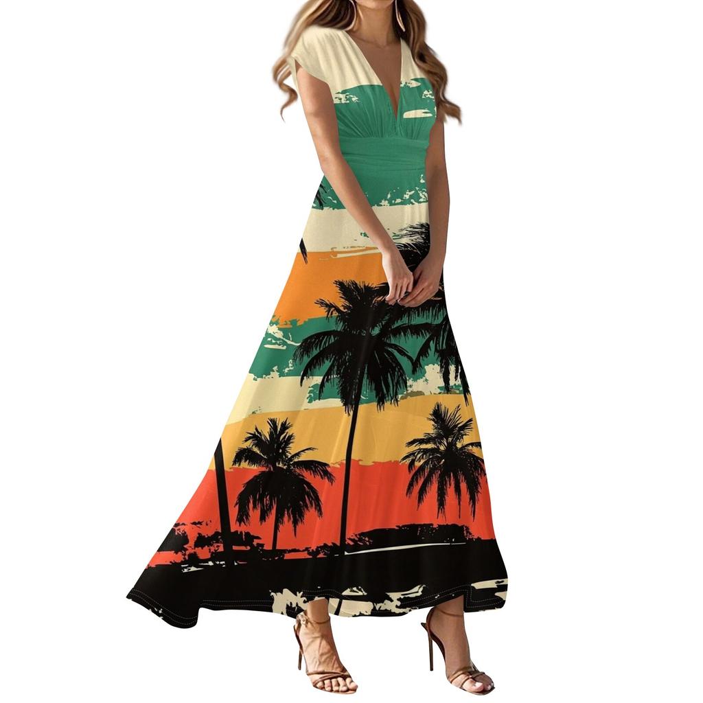 Women's Summer Casual Fashion Beach Printed Dresses V-Neck Short Sleeve Dresses