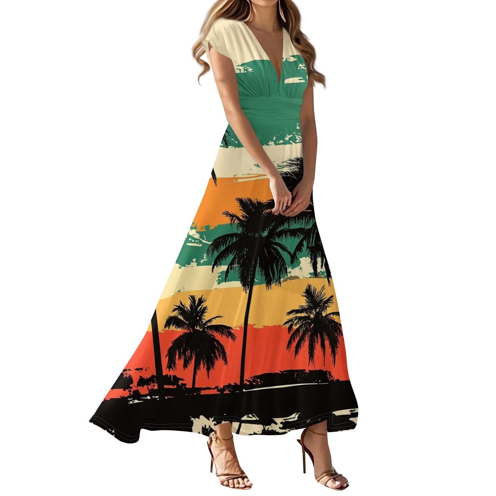 Women s Summer Casual Fashion Beach Printed Dresses V-Neck Short Sleeve Dresses L