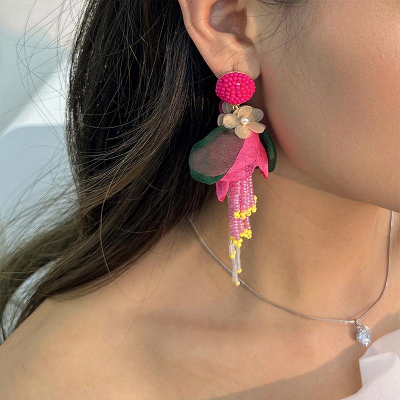 Exaggerated Big Fluffy Fabric Flower Beads Pendant Earrings for Women Trendy Wedding Drop Earring 2023 Bohemia Jewelry Accessory