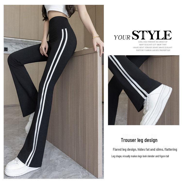 Plus Size High Waist Shark Flare Pants with White Stripe - Women's Spring Slimming Long Pants