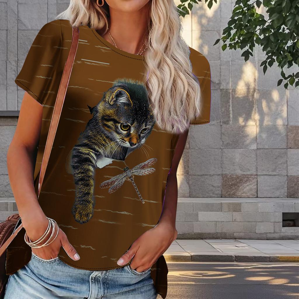 Women Summer T Shirt Kitty Print Retro Fashion Short Sleeve Tees Casual   Printed  Tops