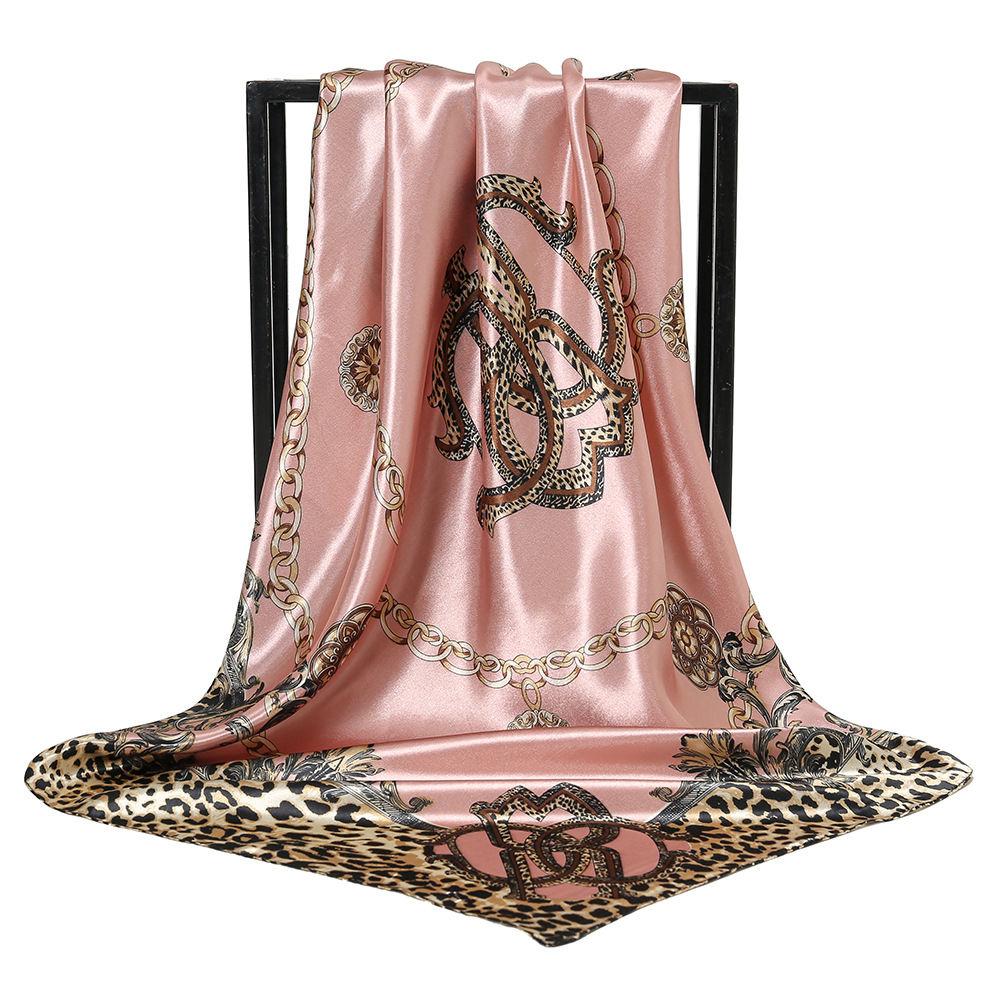 New Leopard Print Chain-embellished Satin Silk Scarf Headband, Versatile and Multi-purpose Faux Silk Scarf, Versatile Small Square Scarf