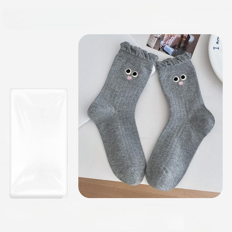 Female Autumn and Winter Pure Color Lovely Playful Big Eyes Embroidery Lace Boneless In Tube Socks