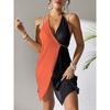Plus Size Summer Hollow Out Beach Dress Women's Clashing Splicing Sexy Hanging Neck Tie Dress Irregular