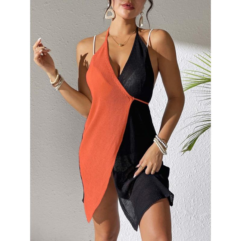 Plus Size Summer Hollow Out Beach Dress Women's Clashing Splicing Sexy Hanging Neck Tie Dress Irregular