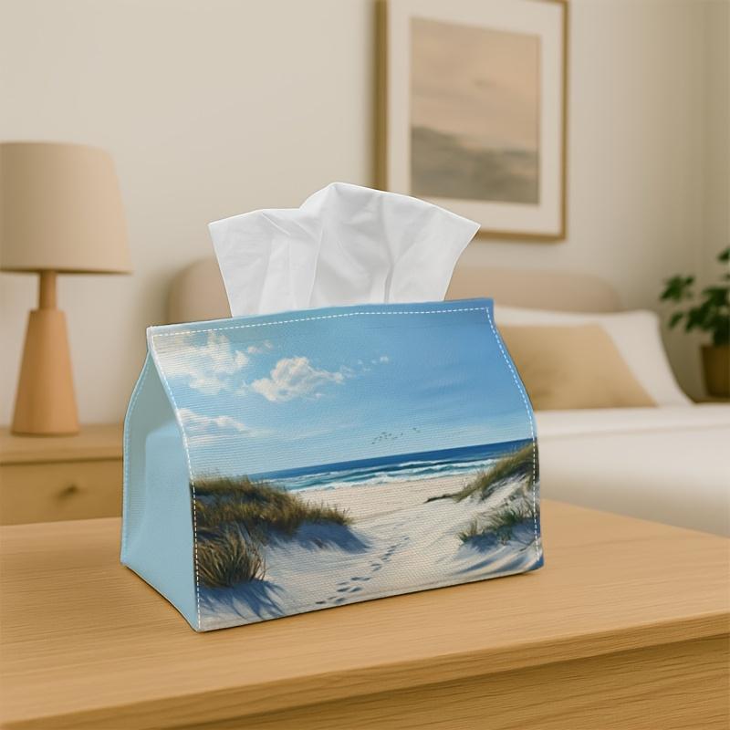 1pc Coastal Landscape Tissue Box - Serene Beach Pathway Scene, Office, Parties, for Living Room, Kitchen, Events - Decorative Desk Decor, Home Organ