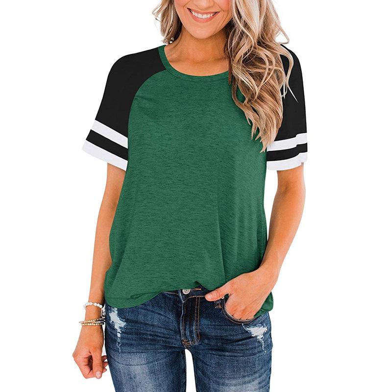 Women's Summer Fashion Large Striped Round Neck Contrast Panel Short Sleeve T-shirt Top