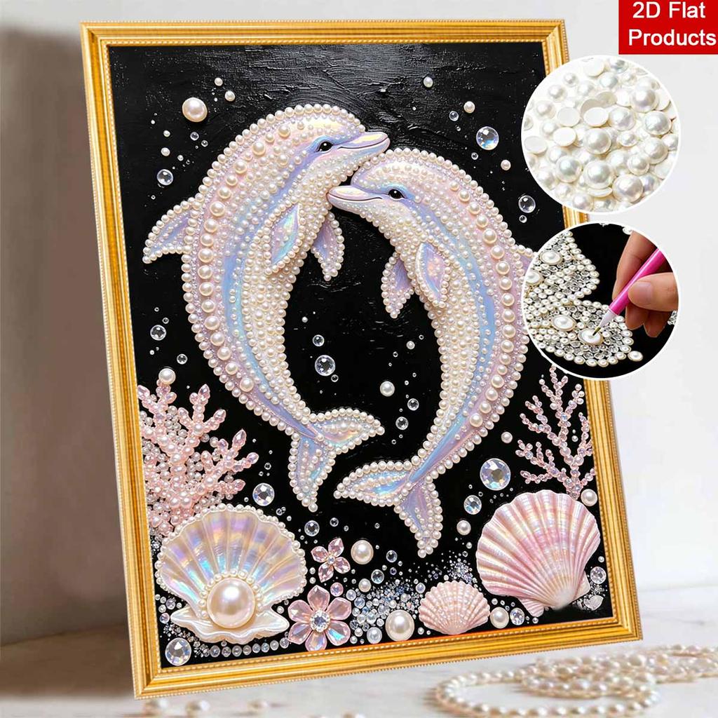 Framed Pearl Painting Kit Dolphin Couple Ocean Theme DIY Bead Canvas Art Ready to Display Romantic Room Decor For Wall Art Hanging Display